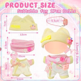 17 cm Pink Plush Doll Clothes, Doll Clothes Set, Style Cute Pink Plush Outfit with Yellow Hat + Yellow/Pink Jumpsuit + Pink Bib + Pig Bag, 17 cm Pink Doll Clothes