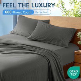 Shilucheng Queen Size Sheet Set - Breathable & Cooling Hole Structures Cotton Bed Sheets - Soft 600 Thread Count Cotton Sheets - 16 Inch Deep Pockets - 4 Piece (Dark Grey)