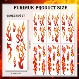 6 Sheets Flame Temporary Tattoo Sticker for Women Men,Face Body Arm Makeup Decoration Realistic Waterproof Transfer Tattoos for Halloween Festival Cosplay Decor (6, Mixed Orange 2, Medium)