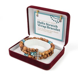 Christian Bracelets For Women From the Holy Land - Helix Stretch Wrap Beaded Bracelets With Olive Wood, Aqua Prayer Beads & Cross Dangle - Prayer Bracelet For Women & Girls - Cross Bracelet For Women