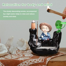 Zen Little Monk Backflow Incense Burner, Incense Waterfall Incense Holder with 30 Incense Cones Waterfall and 30 Incense Sticks for Meditation, Home, Zen and Yoga Room (sitting in meditation)