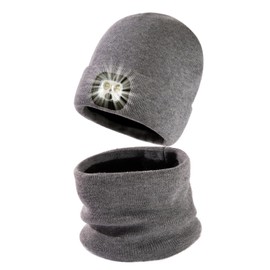 TOP-EX Winter Wool LED Beanies Hats Scarf Set with Light Rechargeable Waterproof Gifts for Men Women Dad Running Camping Dog Walking Big Head Grey Large X-Large L XL