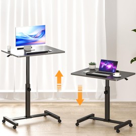 Panta Pneumatic Mobile Standing Desk, Adjustable Height Rolling Desk with Wheels, Laptop Desk for Couch, Portable Sit Stand Desk for Home, Office and Hospital, Black