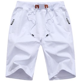 QPNGRP Mens Shorts Casual Drawstring Zipper Pockets Elastic Waist White 32
