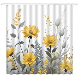 Yellow Flower Shower Curtain Rustic Watercolor Floral Gray Leaves Farmhouse Nature Plant Retro Bathroom Decor Curtain with Hooks,70Wx70H Inches