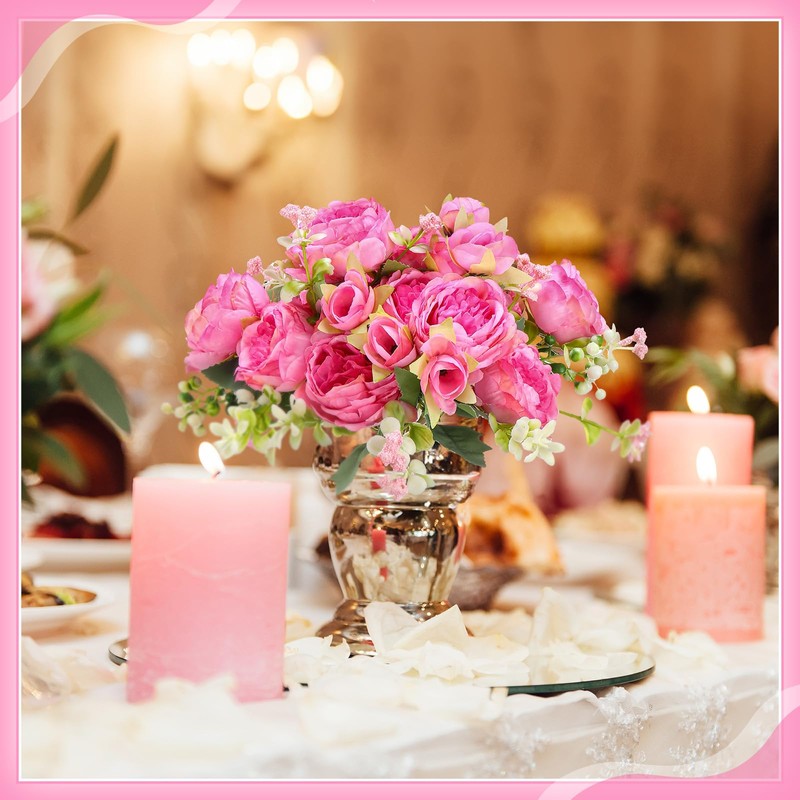 4 Bundles Artificial Peony Faux Flowers, Silk,Pink
