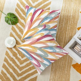 CaliTime Throw Pillow Cases Pack of 2 Cozy Fleece Two-tone Abstract Feather Decorative Cushion Covers for Couch Bed Sofa Farmhouse Decoration 18 X 18 Inches Somke Blue Sage Burgundy Orange Yellow Pink