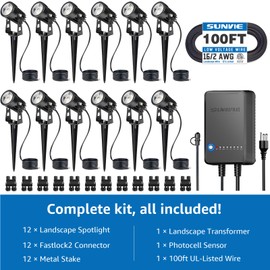 SUNVIE All-in-One LED Low Voltage Landscape Lighting Kit, 12-Pack Landscape Lights with Transformer 100FT Wire and Connectors, 3000K Waterproof Low Voltage Landscape Lights for Garden Yard House Tree