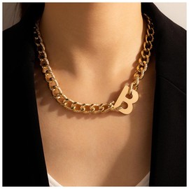 Wendalern Cuban Link Chain Initial Chain Large B Letter Choker Necklace Chunky Chain Side Initial Chain Punk Large Alphabet Thick Chain Necklace Hip Hop Jewellery for Women Girls
