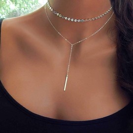 Jovono Boho Multilayer Sequins Choker Necklaces Bar Pendant Necklace Chains for Women and Girls(Silver)