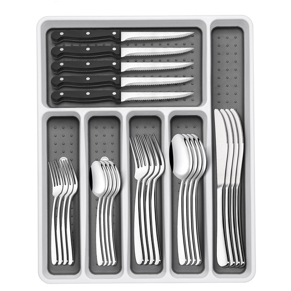 49-Piece Silverware Set with Organizer, Heavy Duty Stainless Steel Flatware