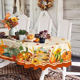 Oval Fall Tablecloth,Thanksgiving Autumn Harvest Pumpkin Sunflower Maple Leaf Table cloth,Polyester Waterproof Wrinkle Resistant Durable Tablecloth for Fall,Thanksgiving,Holiday,Home Decor 60x84inch