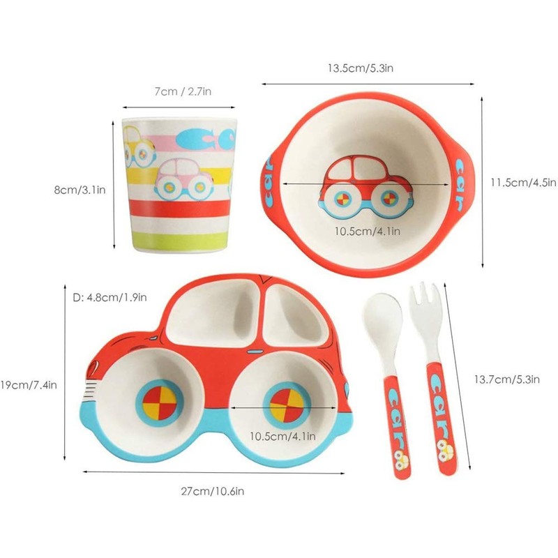 Bamboo Dinnerware Set for Kids Toddlers Car Plate Bowl Cup