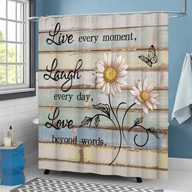 Floral Butterfly Shower Curtain White Daisy Flower with Motivational Quotes on Wood Board Bath Curtain Set Live Laugh Love Bathroom Curtains for Farmhouse Rustic Bathroom Decor Fabric 72x72inch
