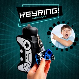 CARESWAY Kids Water Bottle with Keyring – 600 ml Girls and Boys Game Drinking Bottle For School - Leakproof Reusable BPA Free for Children Drinks (Black)