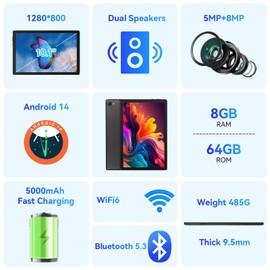 ZOFYWNAS 10 Inch Tablet, Android 14 Tablet with Octa-Core Processor, 8GB+64GB+1TB Expansion, Face ID, OTG, HD IPS Touchscreen, WiFi 6, Bluetooth5.3, Dual 5MP+8MP Camera, Widevine L1 (Black)