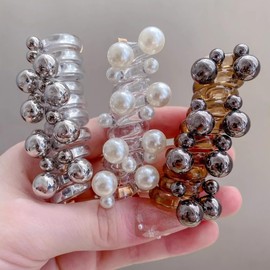 Pearl Spiral Braided Telephone Scrunchies Hair Ties Stretchy Ponytail Holders Hair Bands Phone Cord Hair Ties for Ponytail Hair Braiding Fixed Hair Rope Accessories (Black & white & Silver)