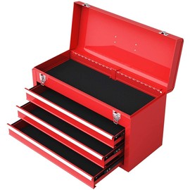 IRONMAX Portable Tool Box, Lockable Steel Tool Chest Cabinet w/ 3 Drawers & Top Tray, 3-Drawer Toolbox for Household, Warehouse, Repair Shop, Red