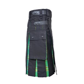 Men's Plus Size Scottish Hybrid Black Cotton & Tartan Utility Kilt with Leather Straps (Irish Green 34)