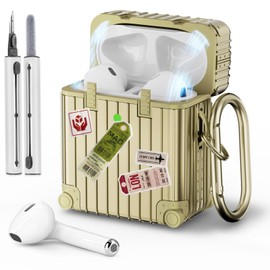 VISOOM Compatible With Airpods 2&1Case Cover, Funny Suitcase Design Case for Airpods 2nd/1st Generation (2022/2019) with Cleaning Kit, Cute Fashion Protective Airpods Case for with Keychain,Gold