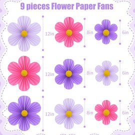 Yuxiou Purple Party Decorations Paper Flowers Decorations for Wall Classroom Paper Fans Party Decorations Floral Backdrop Flower Wall Decor Pack of 9 Pink Purple