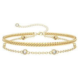 KissYan Gold Bracelets for Women, Dainty 14K White Gold Plated Layered Paperclip Tiny Pearl Cuban Link Chain Bracelet Set Adjustable Cute Trendy Jewelry Gift(G-cuban cz)