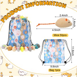 Leitee 51 Pcs Assorted Mice Cat Toys Bulk with Cat Paw Gift Storage Bags Set, Small Furry Mouse Kitten Toy for Indoor Cats, Interactive Play Color Varies (Plush Mice)