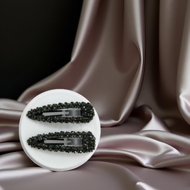 2Pcs Black Sparkly Czech Crystal Snap Clips, Long Hair Barrettes Hair Slide Stylish Clips for Women Girl