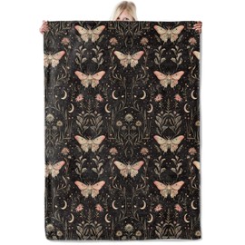 ICAAV Lunar Moth Blanket 50×60 Inch,Gothic Botanical Lightweight Flannel Throw with Crescent Moons, Wildflowers and Vintage Moth Design, Mystical Nature Decor,Gifts for Women,Witchy Souls