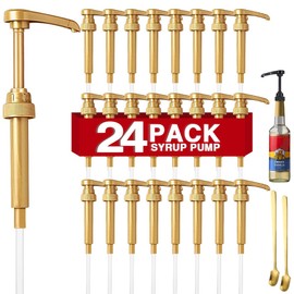 24 Packs Coffee Syrup Pump Dispenser, Fits 25.4 Oz/750ml Coffee Flavoring Syrup Bottles, No Dripping, Great for Home & Coffee Bar Drinking Mixes, Tea, Plus Spoons (Gold,5.23")