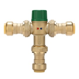 Watflow 3/4 Inch Brass Thermostatic Mixing Valve with Union Connections, Compatible with SharkBite Copper, CTS, CPVC, SDR-9 HDPE, and PEX Fittings
