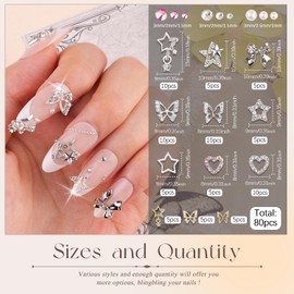 80Pcs 12 Styles 3D Nail Charms and Flatback Gems Pearl + Nail Chains, Silver Shiny Luxury Gems, Crystal Diamond Jewels Studs with Rhinestones for Nail Design, Nail Art Decor Set for Acrylic Nails
