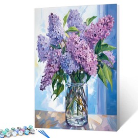 Tucocoo Paint by Number Blue Lilac in a Glass Vase Flowers DIY Painting On Canvas with Brushes Acrylic Paints Graffiti Paint by Numbers for Adults Kids Students Beginner 16x20 Inch（Without Frame）