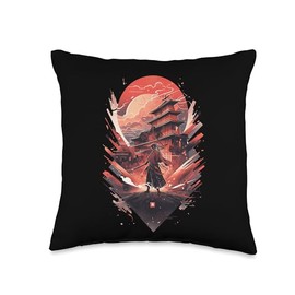 Ninja Japan Art Samurai Bushido Graphic Designs Japanese Red Moon Bushido Mask Katana Sword Samurai Warrior Throw Pillow, 16x16, Multicolor