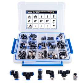 45PCS Air Line Fitting Kit, NPT Thread Push To Connect Fittings, Nylon Tubing 1/4, 3/8, 1/8, 1/2" Quick Connect, Air Line Fittings assortment kit for Automotive Car or Industrial Workshops