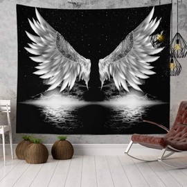 Black White Tapestry Wall Hanging, Aesthetic Trippy Boho Psychedelic Funny Hippie Tapestry, Angel Wings Art Decor for Bedroom, Living Room, College, Dorm (230 x 180 cm (92 x 72 inches))