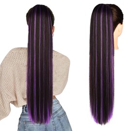 SEIKEA Ponytail Extensions Drawstring Long Straight Fake Pony Tail Natural Soft Clip in Hair Extension Synthetic Heat Resistant Hairpiece 28 Inch Black Brown with Purple Highlights