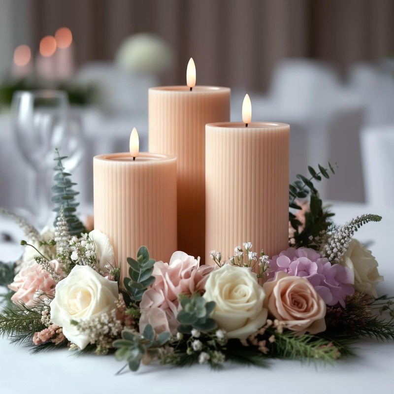 West Ivory Fluted Ribbed LED Pillar Candles, Blush Beige, with