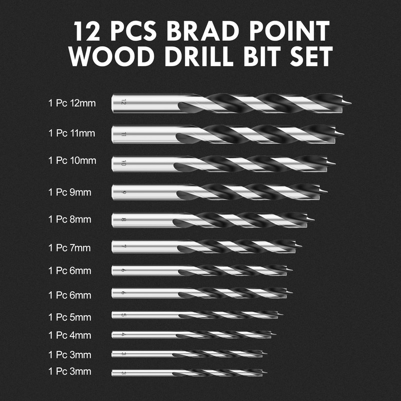 MACXCOIP Brad Point Wood Drill Bit Set, 12Pcs Metric Drill