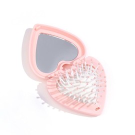 Heart Shape Mini Hair Brush for Purse Travel Folding Pocket Mirror Foldable Comb Women Girl (Pink)