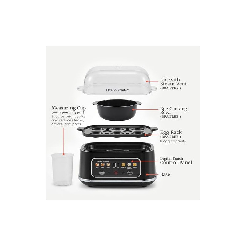 Elite Gourmet Digital Egg Cooker, 6 Egg Capacity, Soft/Medium/Hard Boiled,