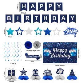 Trgowaul - Decoraciones de feliz cumpleaños para hombres y mujeres, juego de 22 piezas de cumpleaños azul, fondo de bandera de cumpleaños azul marino, bolas de panal y remolino colgante, suministros
