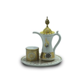 INTENSE OUD Royal Tea Set Bakhoor Burner - Shiny, Glossy with Circular Tray | Frankincense Resin Burner | Office & Home Decor | Arabia Bakhoor/Oudh/Oud Burner (Mabkhara) | Tray 8 Inches Tall | White