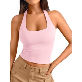 Trendy Queen Halter Tops for Women 2025 Summer Going Out Tops Backless Crop Sleeveless Workout Shirts Cute Y2k Clothes BabyPink S