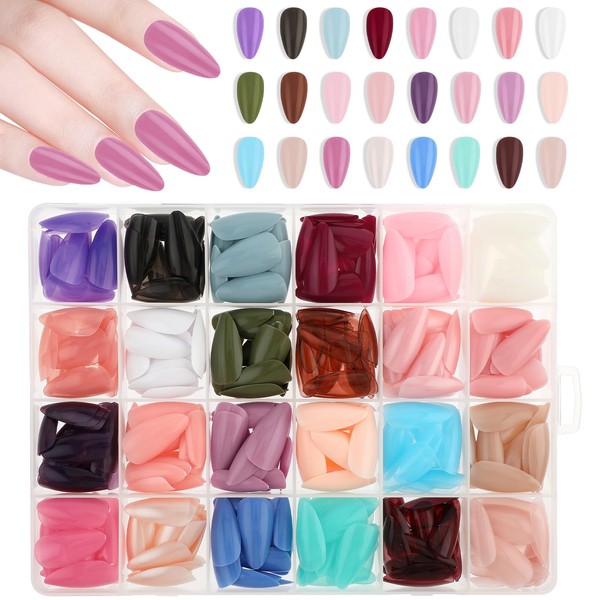 cobee 576 Pieces Press On Nails, 24 Colours, Full Cover Stick On Acrylic Artificial Nail Tips with Nail Storage Box for Women DIY Nail Art, 12 Sizes (Almond)