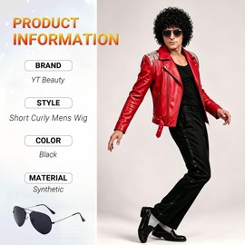 YTbeauty Black Men Wig + Glasses for Disco Costume Heat Reesistant Synthetic Afro Curly Wig for Funny Halloween Cosplay Party