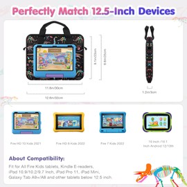 MoKo 10-12.5 Inch Kids Tablet Sleeve Carrying Case for Fire HD 10 13th/11th Gen, Fire HD 8/7 Kids 2022, Tablet Bag with Shoulder Strap for 10/10.1 Inch Android 12/13, Black Dinosaur