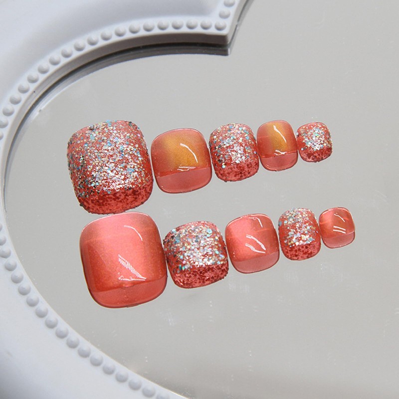 24Pcs French Press on Toenails Short Sequins Cat Eye False