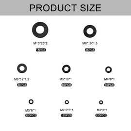 YIXISI Pack of 600 Black Flat Washers, Seal Ring Assortment Kit, Round Spacer for M2 M2.5 M3 M4 M5 M6 M8 M10 Mechanical Industrial Fixings