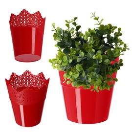 KADAX Lace Plastic Flower Pot, 11 Colours, Flower Pot with Lace Motif, Flower Pot Protector for Office, Pot, Garden Bowl, Flower Pot, Planter (Diameter 14.5 cm, Low, Red)